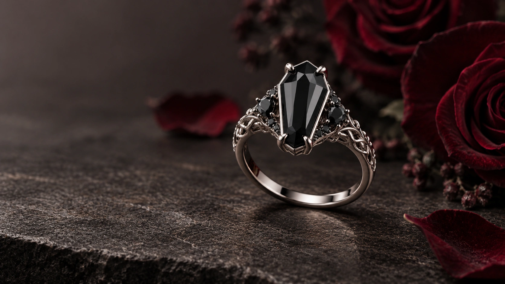 Till Death Do Us Part engagement ring with gothic details