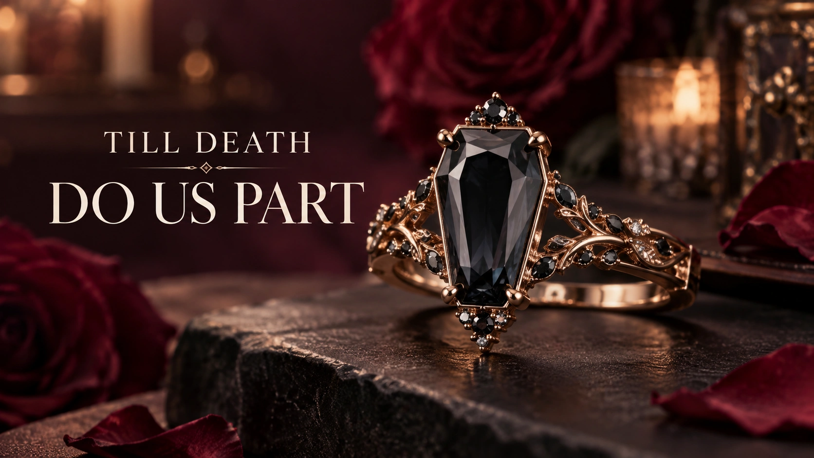 Till Death Do Us Part engagement ring with coffin-cut gemstone