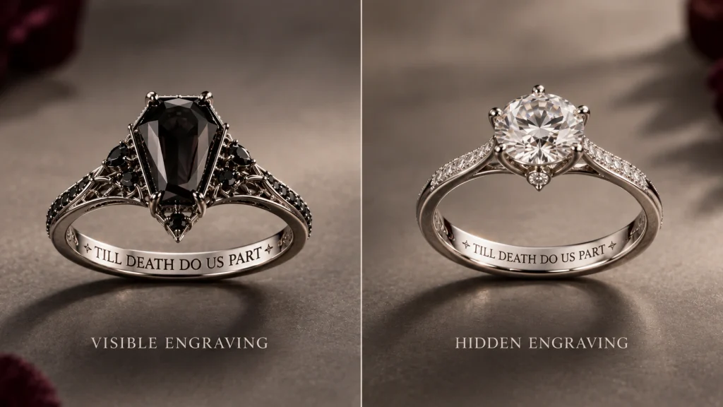 Visible and hidden Till Death Do Us Part ring engraving options