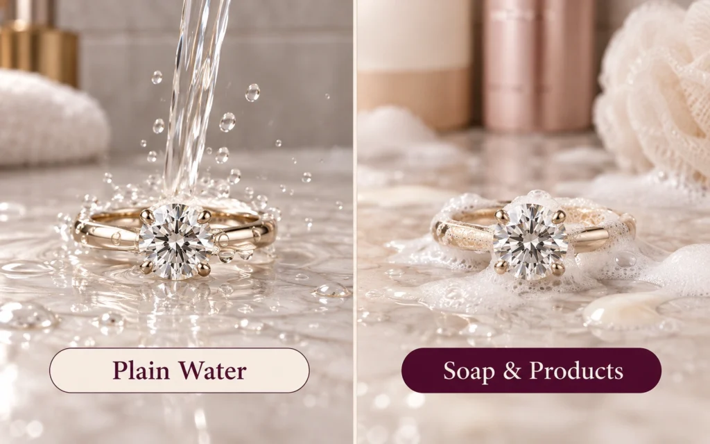 Plain water vs soap and shower products on an engagement ring