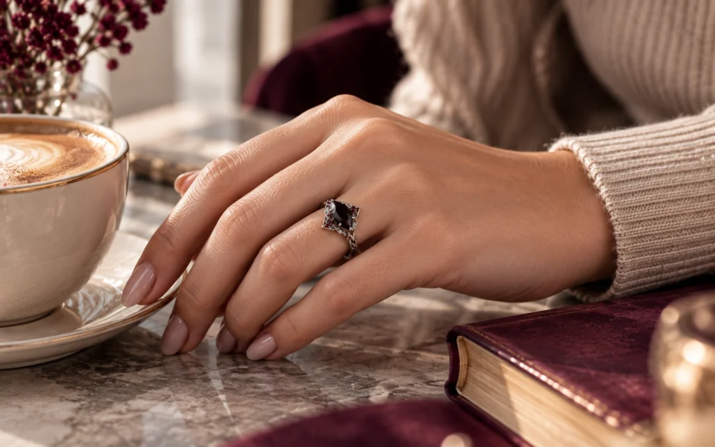 Dark romantic engagement ring styled for everyday wear beyond Halloween