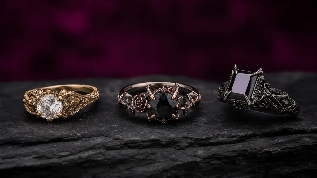Three Gothic engagement ring styles with Victorian, dark romantic and modern designs