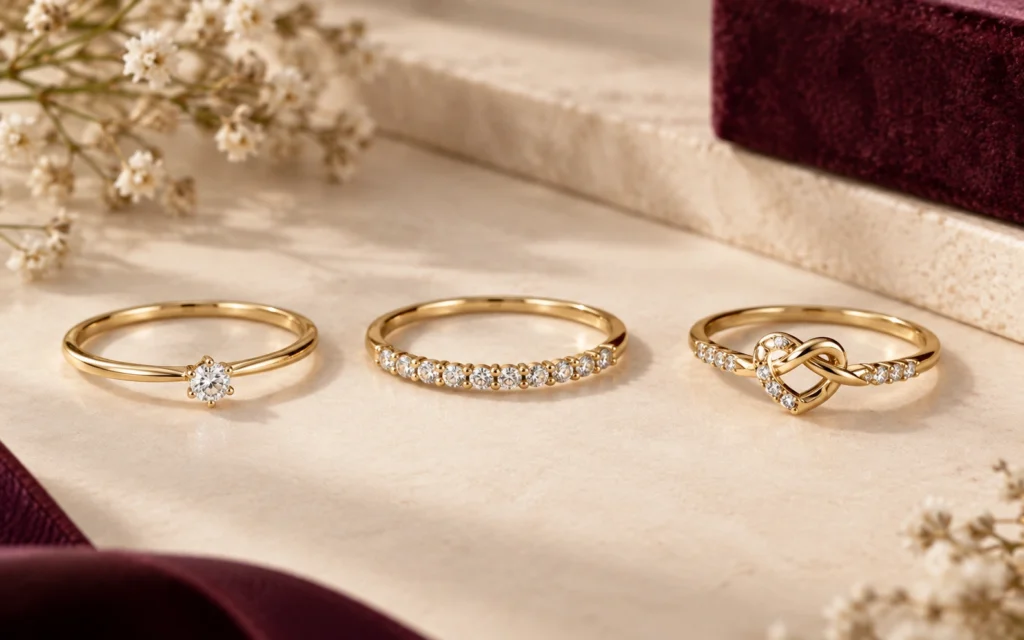 Three diamond promise ring styles with small diamond details