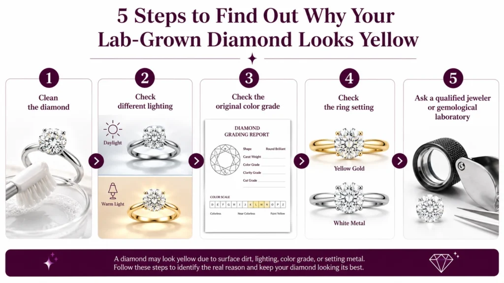 Five steps to check why a lab-grown diamond appears yellow