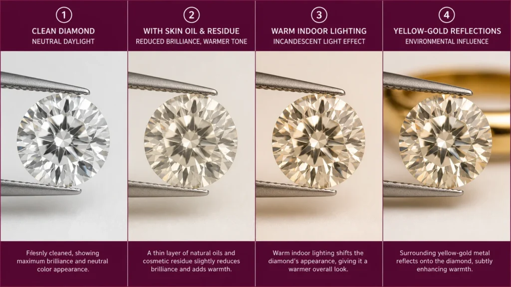 Same lab-grown diamond appearing different under residue, lighting, and metal reflections