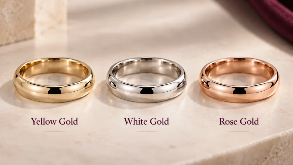 Yellow gold, white gold and rose gold ring comparison