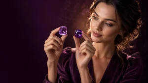 A woman comparing a violet amethyst and a purple sapphire gemstone against a deep plum background.