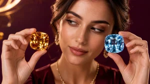 Young woman comparing golden citrine and blue topaz gemstones