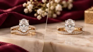 Curved vs straight wedding band compared with an engagement ring