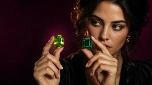 Emerald vs peridot comparison featuring a deep green emerald and bright green peridot held by a woman