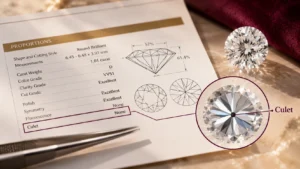 How the culet appears on a diamond certificate, with a diamond grading report and culet illustration