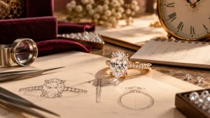 Custom engagement ring beside a jewelry design sketch and jeweler tools