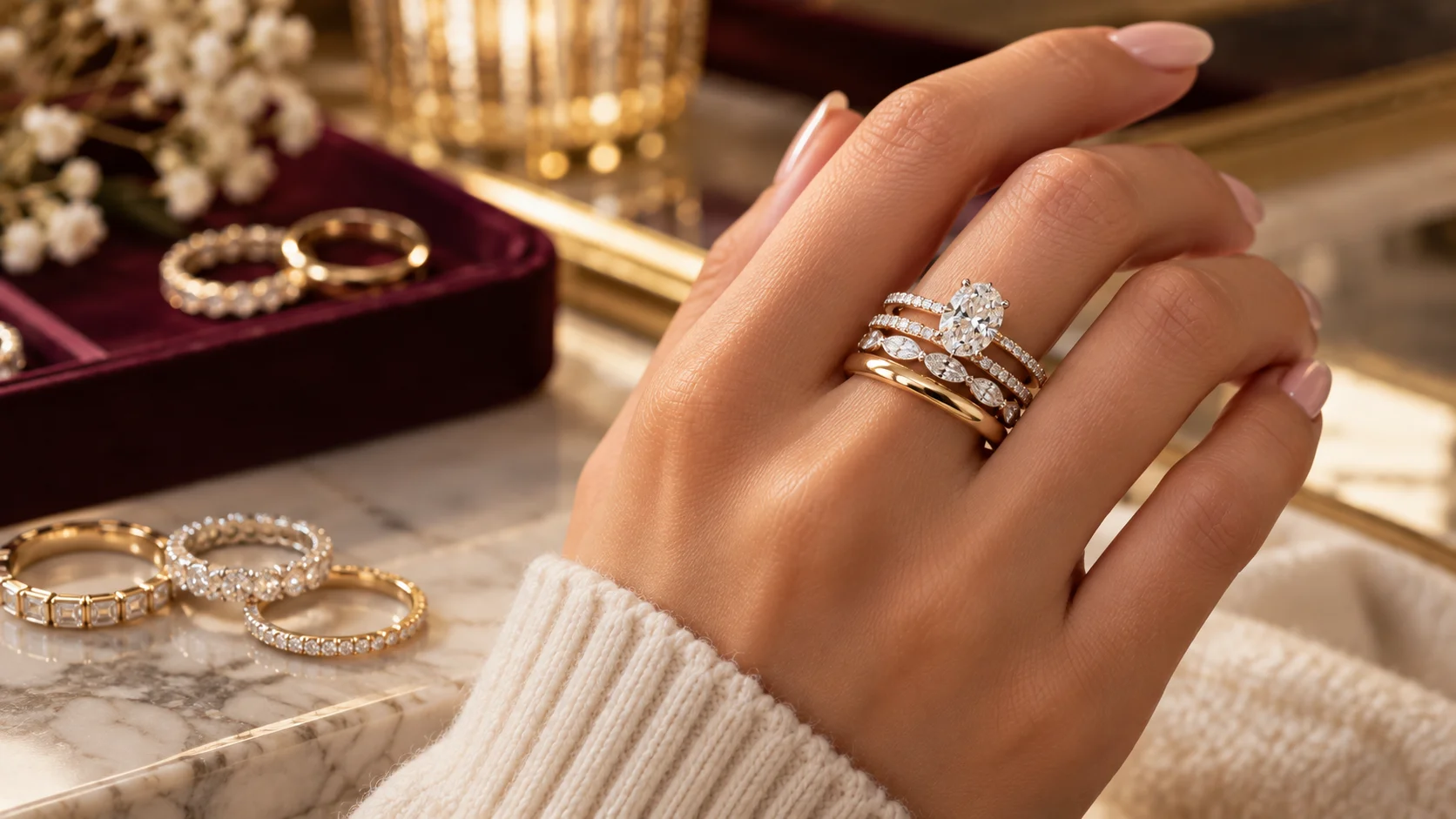 Elegant diamond ring stack on a woman's hand showing multiple stacked rings