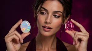 Young woman holding a rainbow-flash opal and pink tourmaline gemstones for an October birthstone comparison