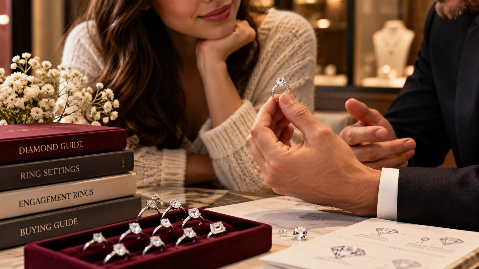 Couple discussing an engagement ring before buying