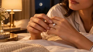 Woman adjusting a loose-fitting diamond engagement ring at night